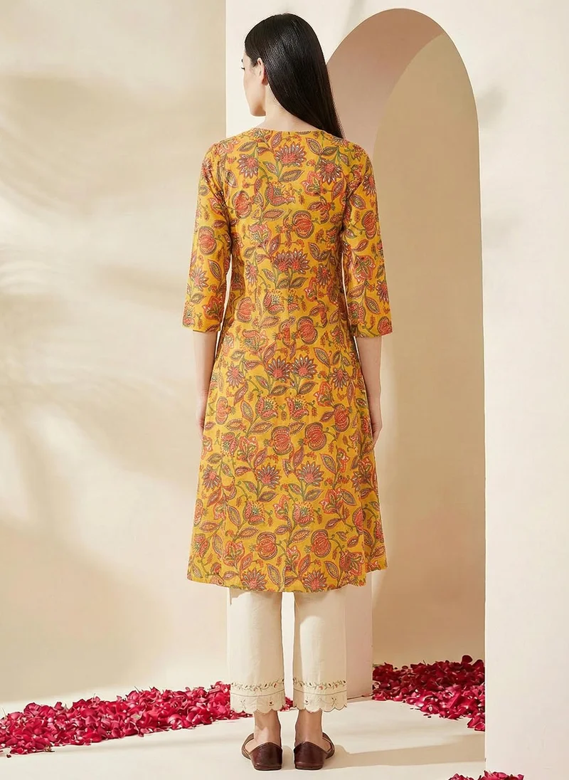 globus Yellow Globus Women Yellow Allover Floral Printed Wrap V-Neck Angrakha A-Line Kurta for Women | Best Price UAE
